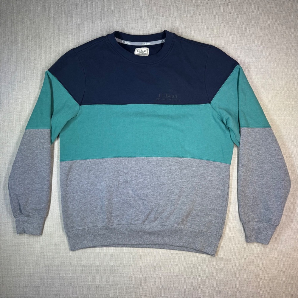 L.L. Bean Mens Colorblock Crewneck Sweatshirt Navy Teal Gray Size Medium